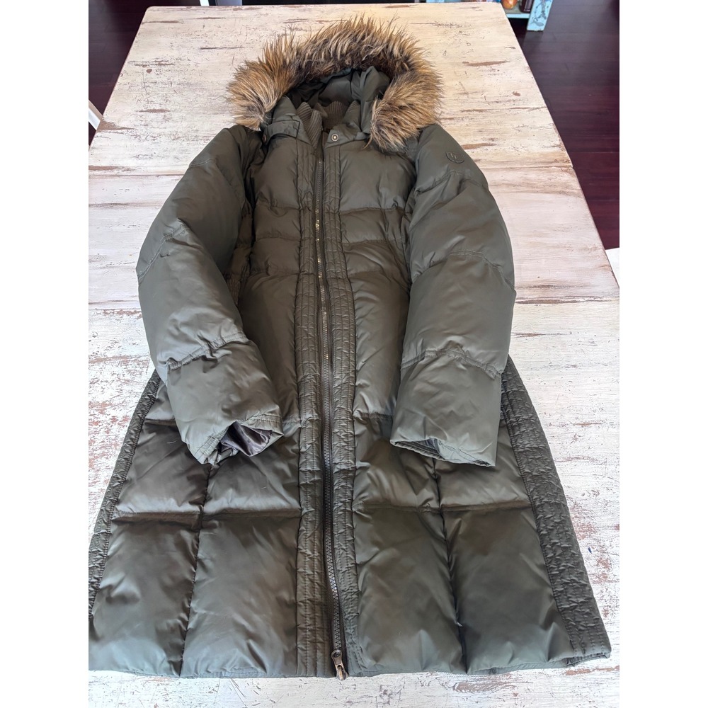 LARRY LEVINE puffer coat women size M olive green faux fur hood quilted parka